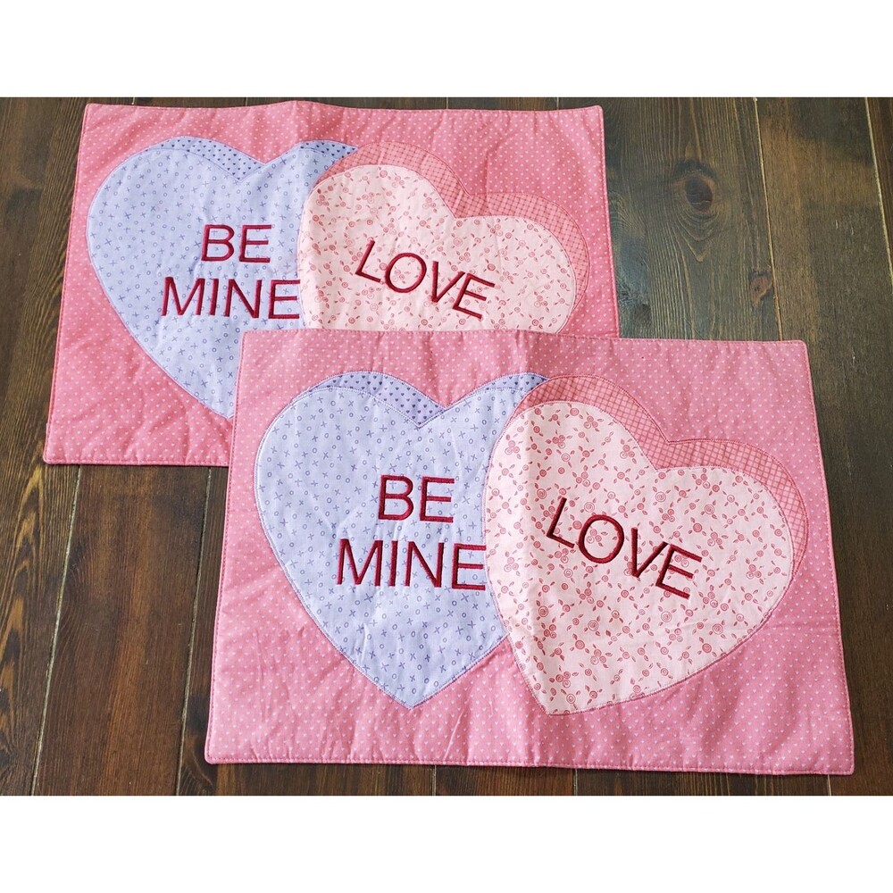 Quilted Placemats 2 Pink Purple Candy Hearts Valentines Calico Applique Cotton